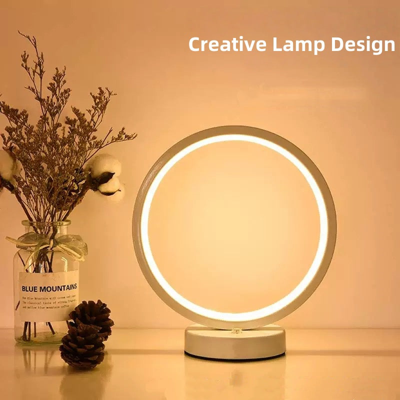Simple And Retro Ins Plug-in LED Bedside Lamp, Night Light, Bedroom Desktop Lamp, Circle Table Lamp, Three-color Adjustable Light Table Lamp，Weight 450g