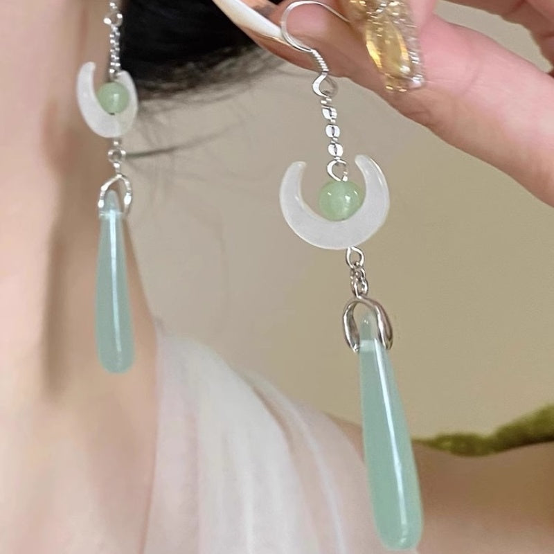 [DFC] Imitation jade drop beaded earrings, Chinese-style earrings, retro water drop tassel earrings, simple accessories, round geometric earrings