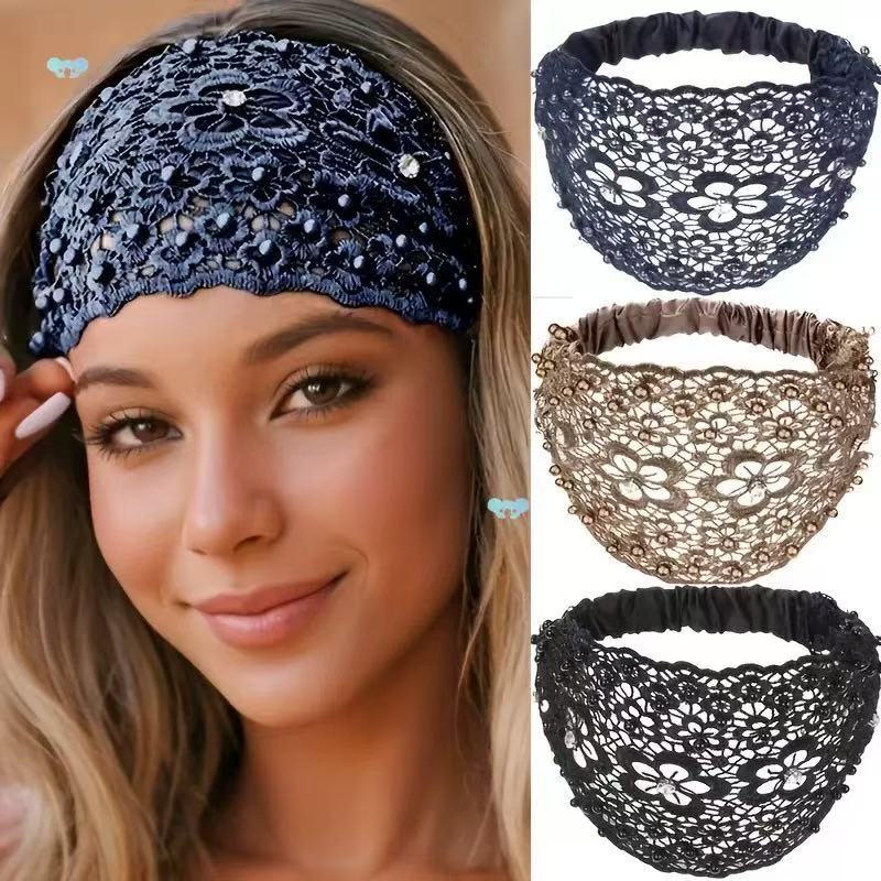 Woman wearing a navy lace headband with additional lace headbands displayed on the right.