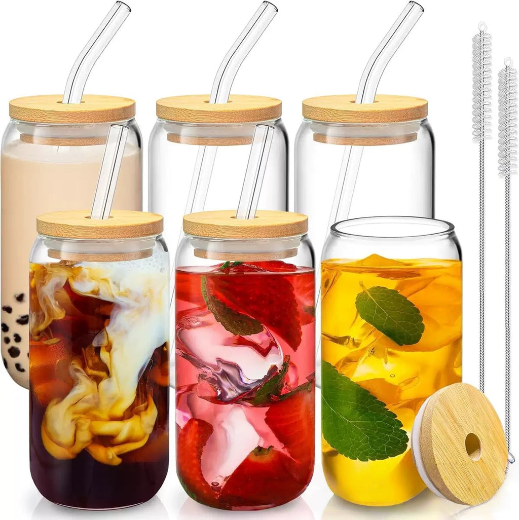 [DFC]16oz Juice Milk Cup, Capacity 500ml, Round Straw Cup with Bamboo Lid, Transparent Glass Cup, Summer Drink Cup, Simple And Heat-resistant Glass Cup