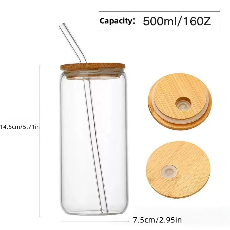 [DFC]16oz Juice Milk Cup, Capacity 500ml, Round Straw Cup with Bamboo Lid, Transparent Glass Cup, Summer Drink Cup, Simple And Heat-resistant Glass Cup