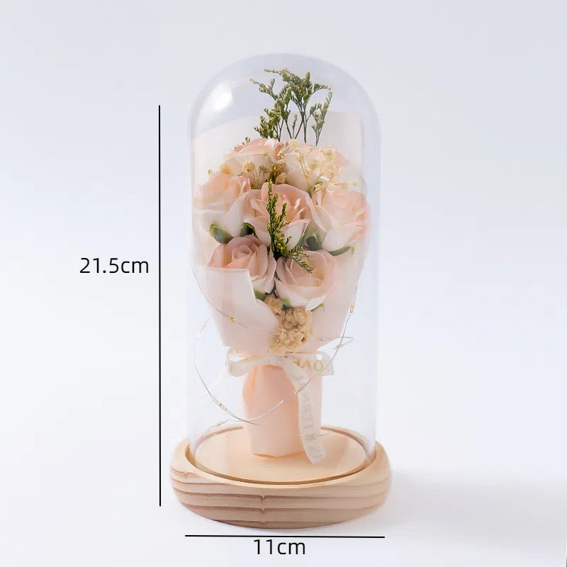 Creative Christmas & Valentine's Gift! Preserved Rose Bouquet in Glass Dome - Super Romantic Desktop Ornament for Wife
