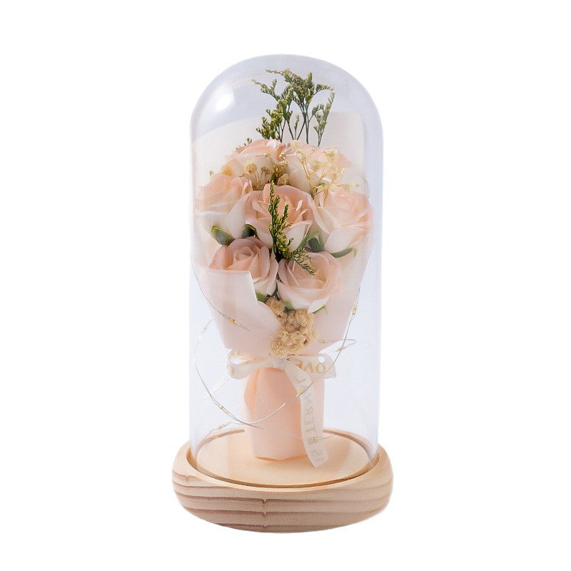 Creative Christmas & Valentine's Gift! Preserved Rose Bouquet in Glass Dome - Super Romantic Desktop Ornament for Wife