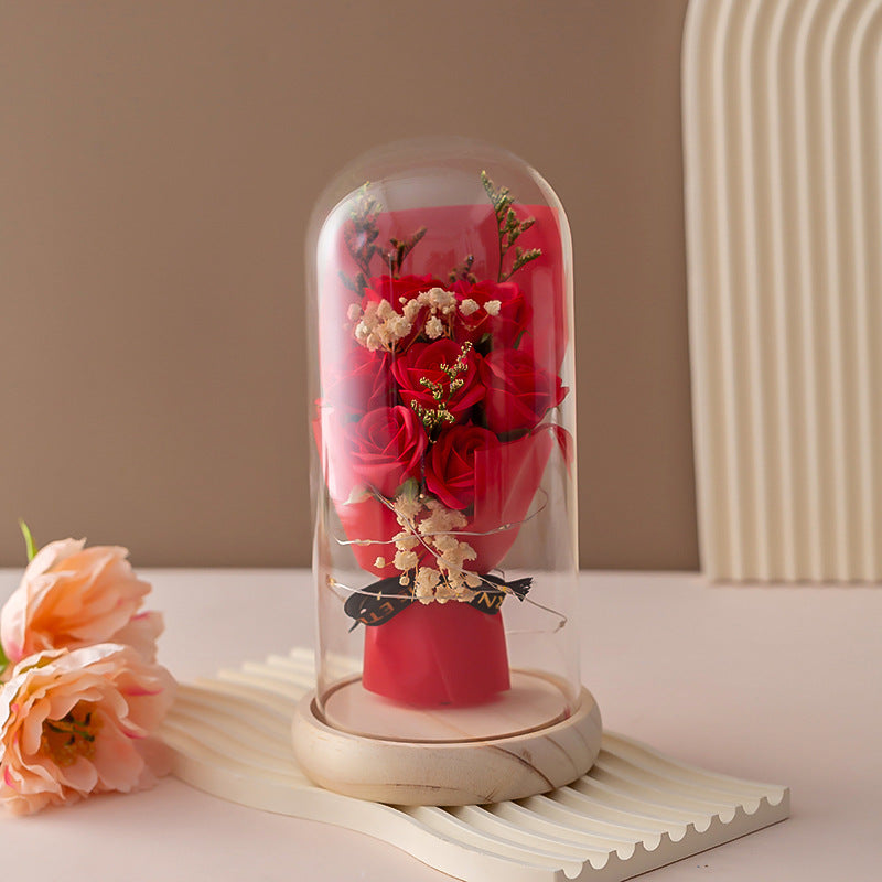 Creative Christmas & Valentine's Gift! Preserved Rose Bouquet in Glass Dome - Super Romantic Desktop Ornament for Wife