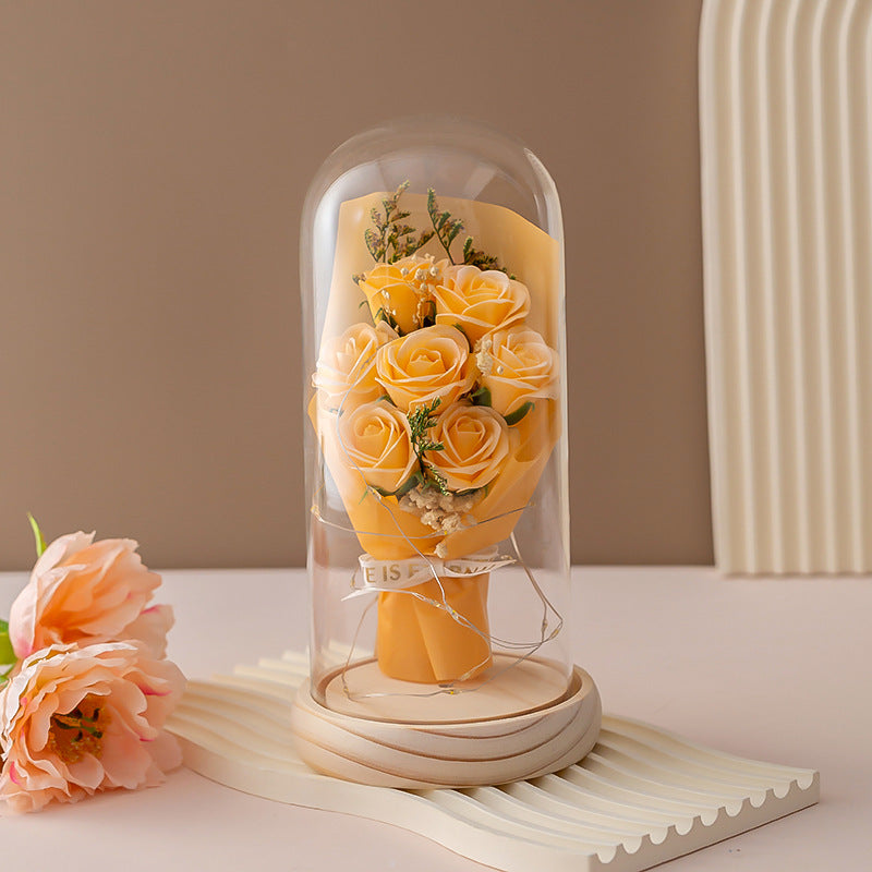 Creative Christmas & Valentine's Gift! Preserved Rose Bouquet in Glass Dome - Super Romantic Desktop Ornament for Wife