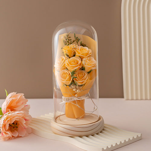 Creative Christmas & Valentine's Gift! Preserved Rose Bouquet in Glass Dome - Super Romantic Desktop Ornament for Wife