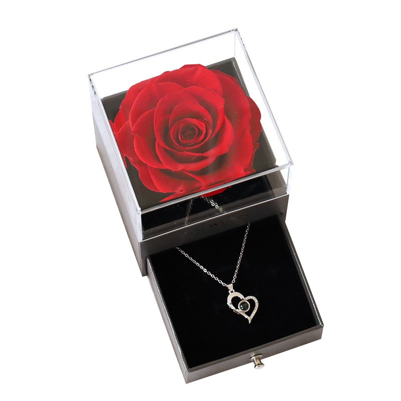 Single Acrylic Preserved Flower Jewelry Box - Real Rose Necklace Gift Box, Full of Surprise for Girlfriend's Birthday