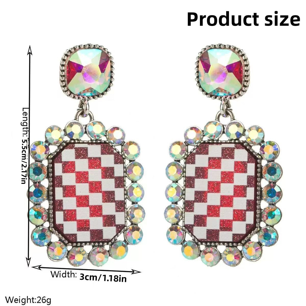 [DFC]New European And American Trend Fashion, Unique Diamond-encrusted Checkered Earrings, Women's Alloy Square Elegant Stud Earrings