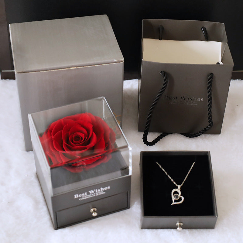 Single Acrylic Preserved Flower Jewelry Box - Real Rose Necklace Gift Box, Full of Surprise for Girlfriend's Birthday