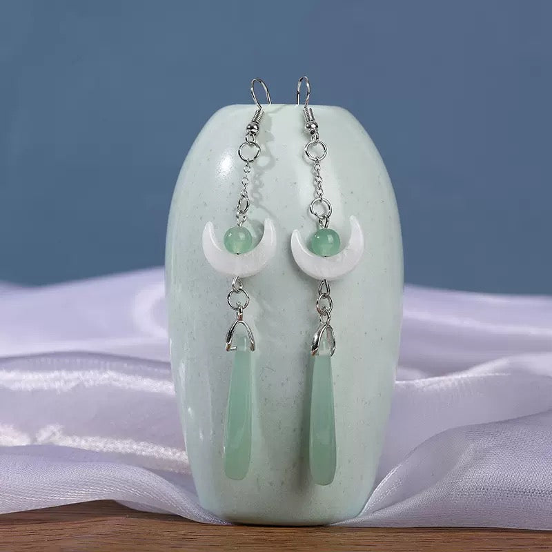 [DFC] Imitation jade drop beaded earrings, Chinese-style earrings, retro water drop tassel earrings, simple accessories, round geometric earrings