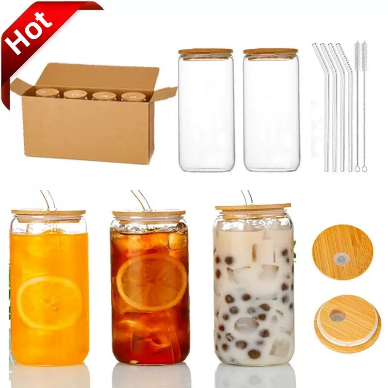 [DFC]16oz Juice Milk Cup, Capacity 500ml, Round Straw Cup with Bamboo Lid, Transparent Glass Cup, Summer Drink Cup, Simple And Heat-resistant Glass Cup