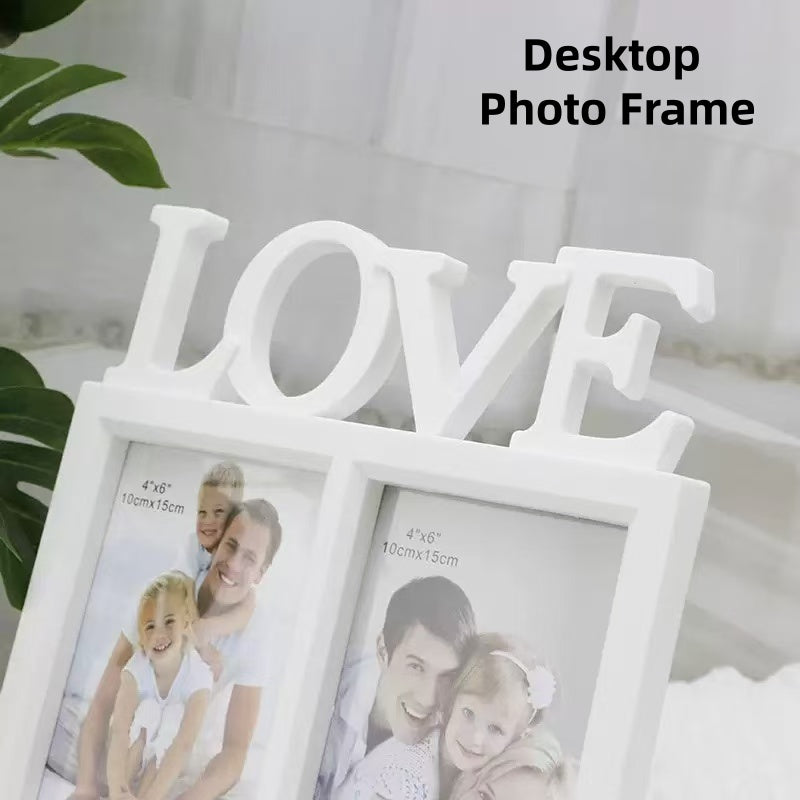 White 'LOVE' desktop photo frame with family photos inside, on a light background.