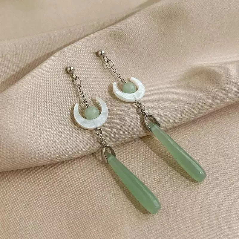 [DFC] Imitation jade drop beaded earrings, Chinese-style earrings, retro water drop tassel earrings, simple accessories, round geometric earrings