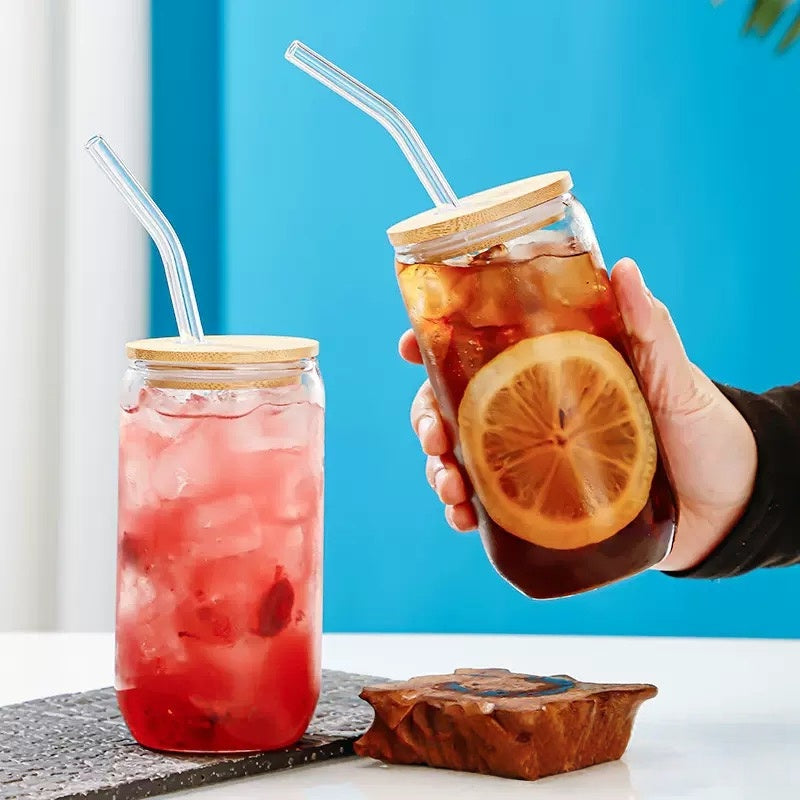 16oz Juice Milk Cup, Capacity 500ml, Round Straw Cup with Bamboo Lid, Transparent Glass Cup, Summer Drink Cup, Simple And Heat-resistant Glass Cup