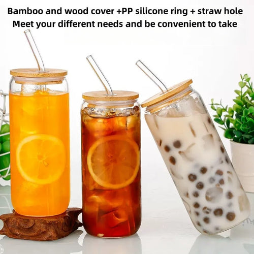 16oz Juice Milk Cup, Capacity 500ml, Round Straw Cup with Bamboo Lid, Transparent Glass Cup, Summer Drink Cup, Simple And Heat-resistant Glass Cup