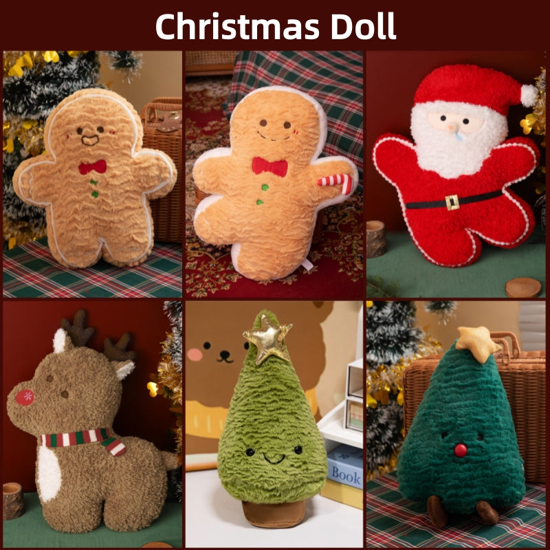 [DFC] A festive plush set featuring a Christmas Tree Pillow and a Gingerbread Man doll. These soft stuffed toys serve as both a charming Christmas decoration and a perfect gift for children