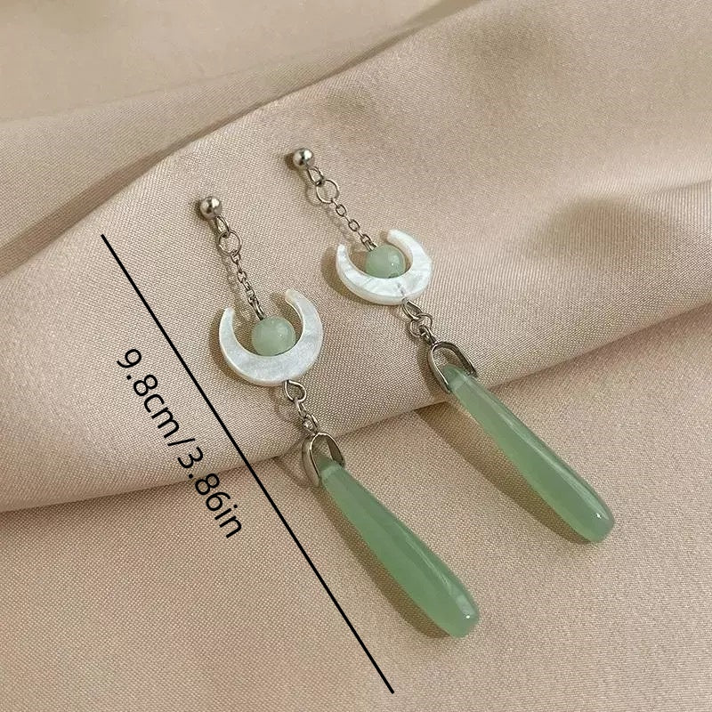[DFC] Imitation jade drop beaded earrings, Chinese-style earrings, retro water drop tassel earrings, simple accessories, round geometric earrings