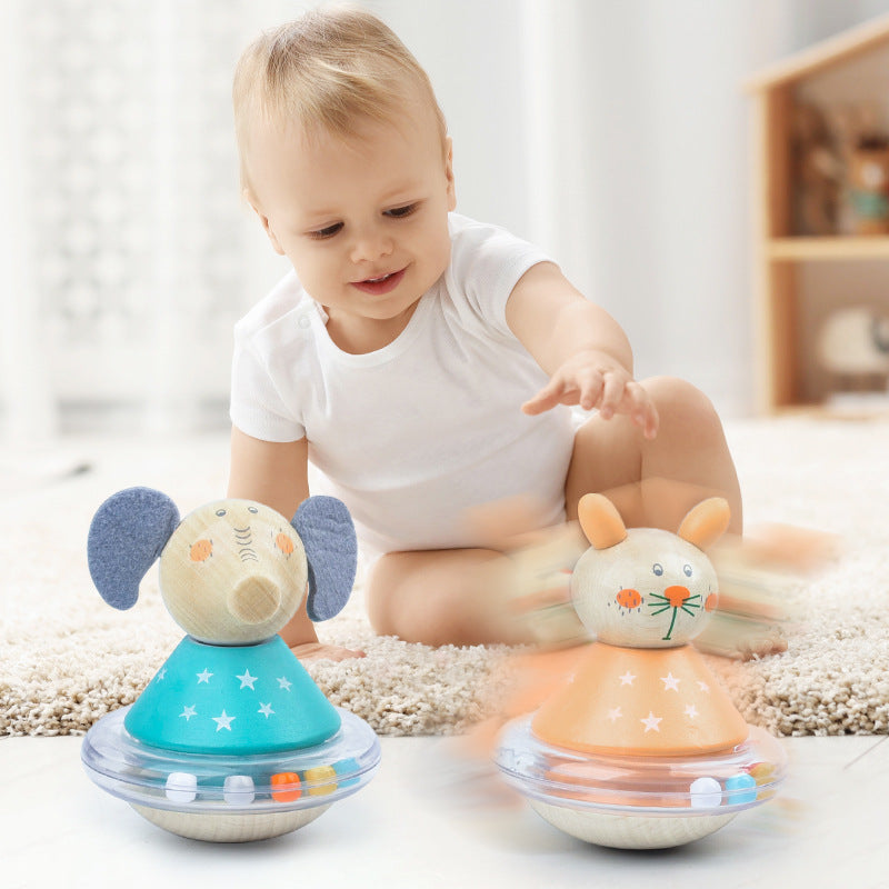 Wooden Funny Animal Tumbler Top Rattle - Educational Toy for Infants, Favorite for 0-1 Year Olds