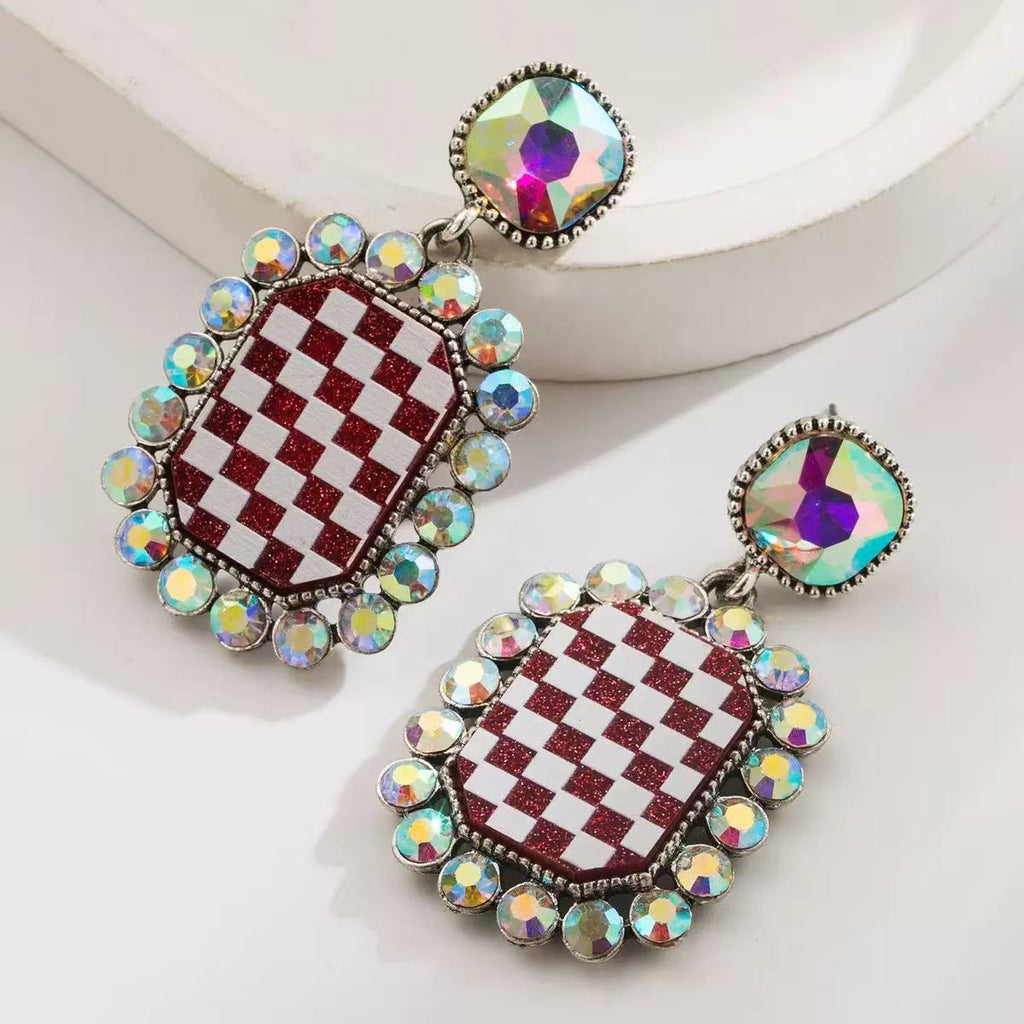 [DFC]New European And American Trend Fashion, Unique Diamond-encrusted Checkered Earrings, Women's Alloy Square Elegant Stud Earrings