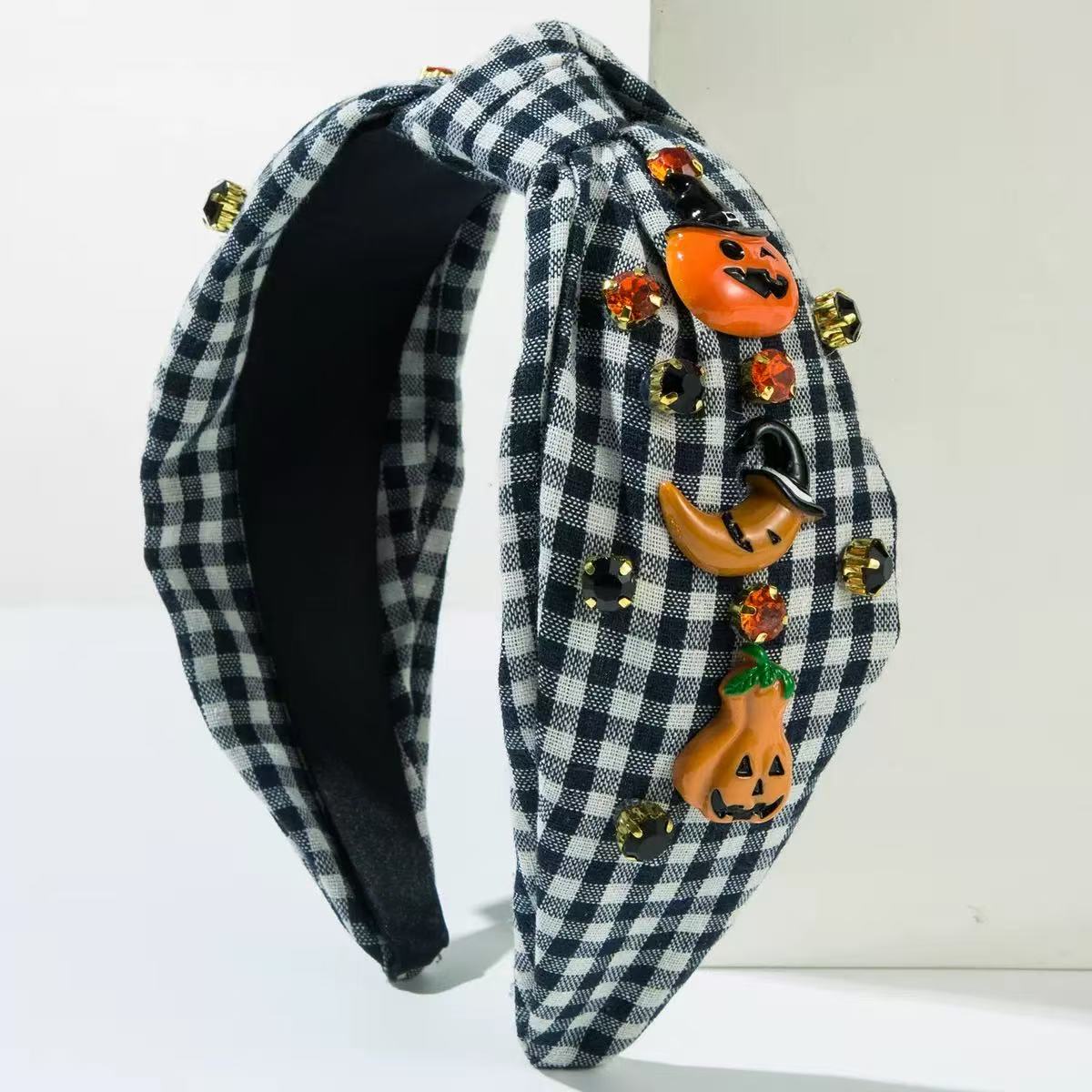 [DFC]New Halloween Hair Band, Grid Fabric Knot With Drill Bit, Pumpkin Ghost Accessory, Girls' Halloween Festival Hair Accessory