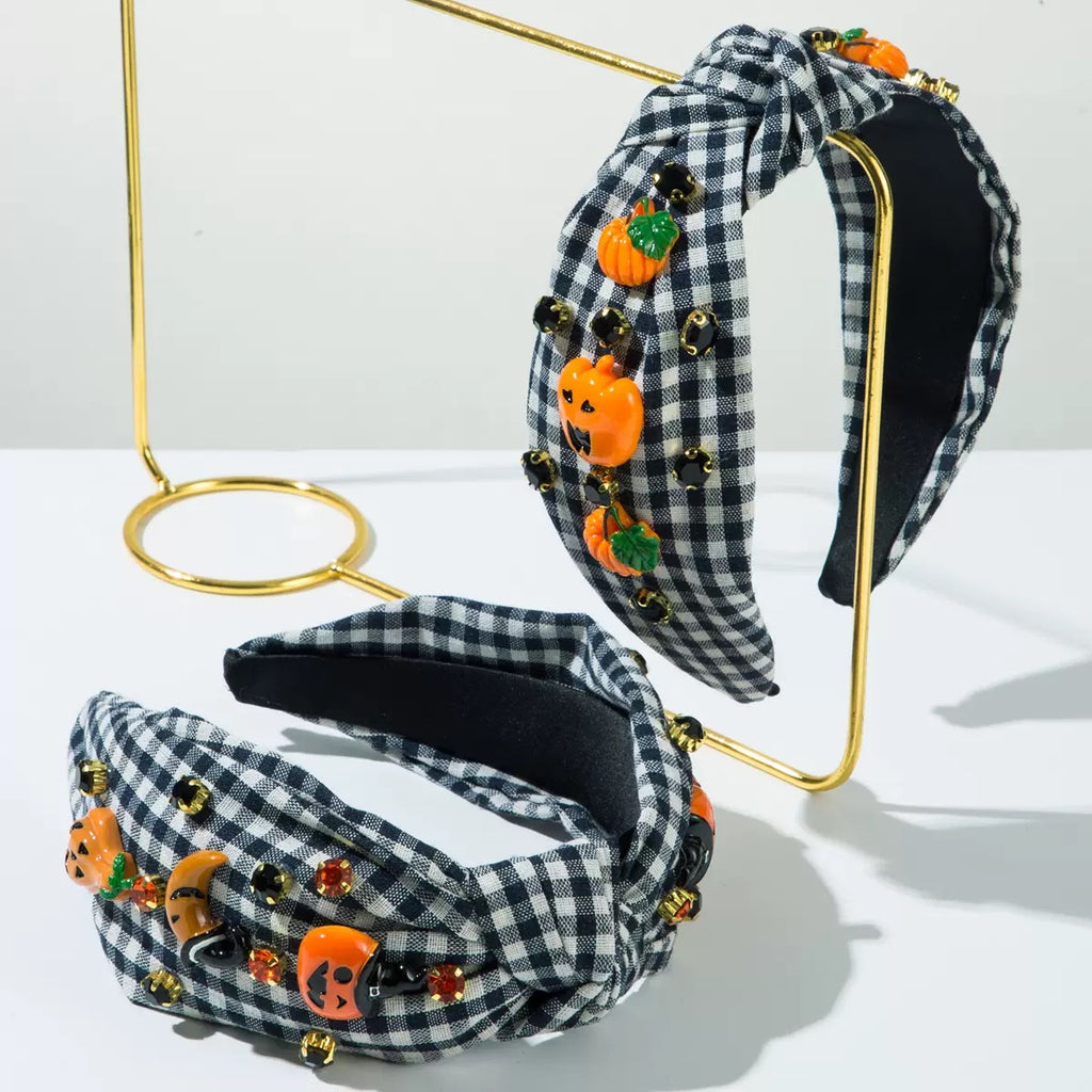 [DFC]New Halloween Hair Band, Grid Fabric Knot With Drill Bit, Pumpkin Ghost Accessory, Girls' Halloween Festival Hair Accessory